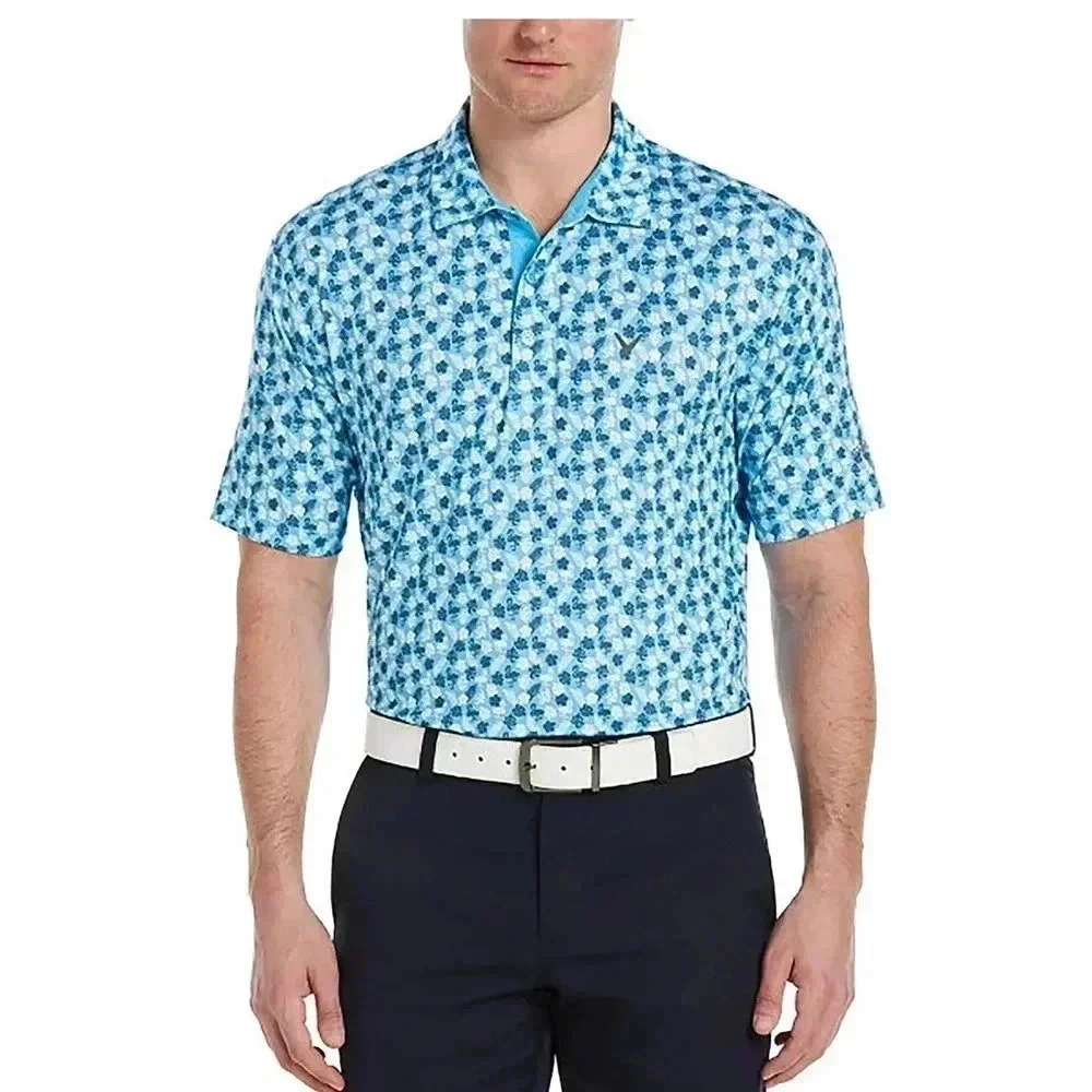 Callaway Opti Dri Mens Polo Shirt Blue XL Floral Flamingo All Over Print